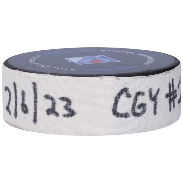 Blake Coleman Calgary Flames Game-Used Goal Puck From February 6, 2023 Vs. New York Rangers