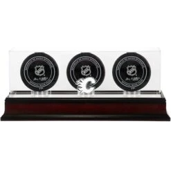 Calgary Flames Mahogany Three Hockey Puck Logo Display Case