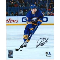 Dylan Cozens Buffalo Sabres Autographed 8" X 10" Blue Jersey Skating With Puck Photograph