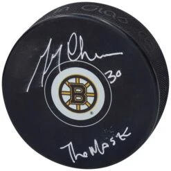Gerry Cheevers Boston Bruins Autographed Hockey Puck With "The Mask" Inscription