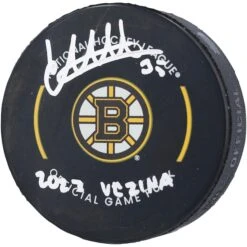 Linus Ullmark Boston Bruins Autographed 2023 Vezina Trophy Winner Official Game Puck With "2023 Vezina" Inscription
