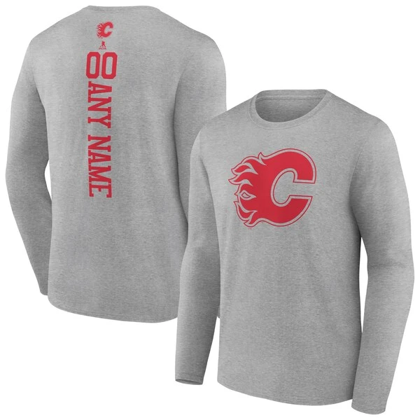 Men's Fanatics Branded Heather Gray Calgary Flames Personalized Name & Number Long Sleeve T-Shirt
