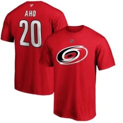 Men's Fanatics Branded Sebastian Aho Red Carolina Hurricanes Team Authentic Stack Name & Number T-Shirt