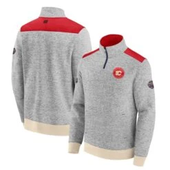 Men's Fanatics Branded Cream/Red Calgary Flames 2023 NHL Heritage Classic Classic Quarter-Zip Pullover Top