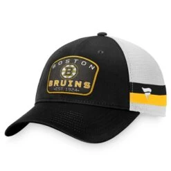 Men's Fanatics Branded Black/White Boston Bruins Fundamental Striped Trucker Adjustable Hat