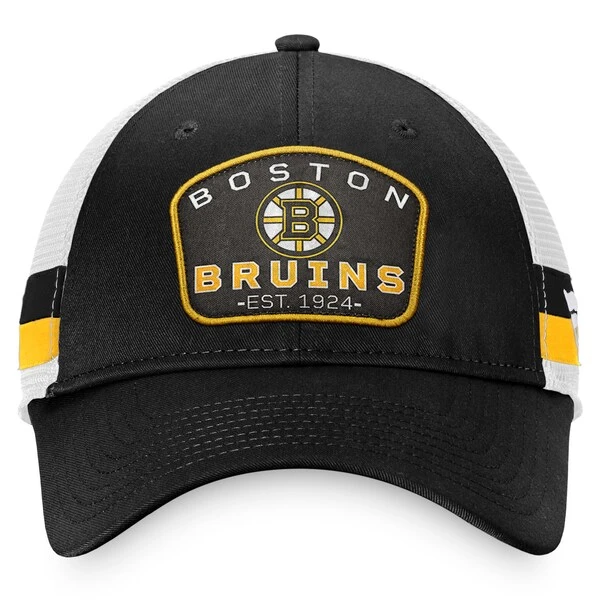 Men's Fanatics Branded Black/White Boston Bruins Fundamental Striped Trucker Adjustable Hat - Image 2