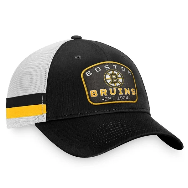 Men's Fanatics Branded Black/White Boston Bruins Fundamental Striped Trucker Adjustable Hat - Image 3