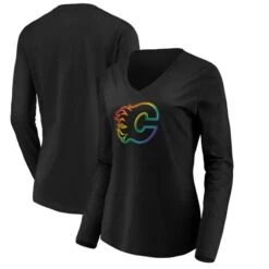 Women's Fanatics Branded Black Calgary Flames Team Pride Logo Long Sleeve V-Neck T-Shirt