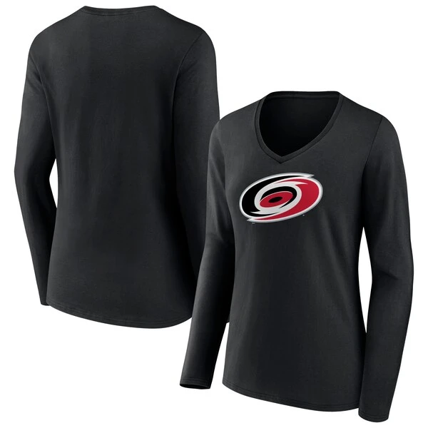 Women's Fanatics Branded Black Carolina Hurricanes Primary Team Logo Long Sleeve V-Neck T-Shirt