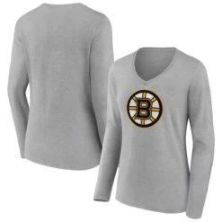 Women's Fanatics Branded Heather Gray Boston Bruins Primary Logo Team Long Sleeve V-Neck T-Shirt