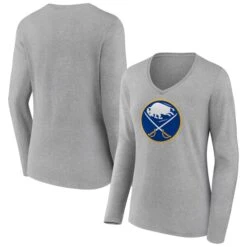 Women's Fanatics Branded Heather Gray Buffalo Sabres Primary Logo Team Long Sleeve V-Neck T-Shirt