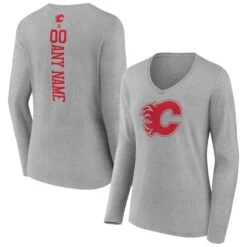 Women's Fanatics Branded Heather Gray Calgary Flames Personalized Name & Number Long Sleeve V-Neck T-Shirt