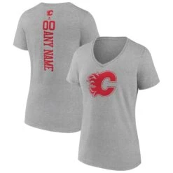 Women's Fanatics Branded Heather Gray Calgary Flames Personalized Name & Number V-Neck T-Shirt