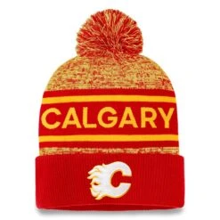 Men's Fanatics Branded Red/Yellow Calgary Flames Authentic Pro Cuffed Knit Hat With Pom